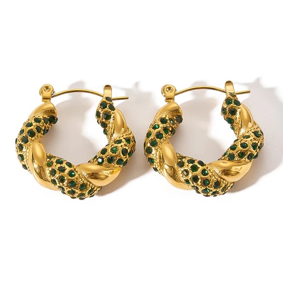 NEW💎24K Gold Twisted Hoop Earrings*Gold Hoops*Green Zircon Earrings* - Picture 3 of 5